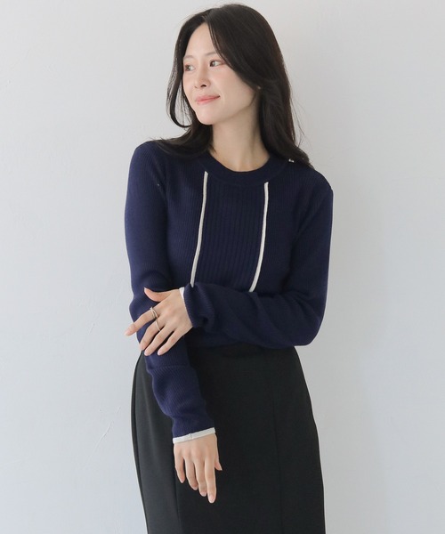 HER CLOSET（ハークローゼット）の「【HER CLOSET】バイカラーハイゲージリブニットプルオーバー BI-COLOR HIGH GAUGE KNIT RIB KNIT PULLOVER（ニット/セーター・レディース・ネイビー/ブラック/ライトブルー/オフホワイト・M）」の5枚目の写真