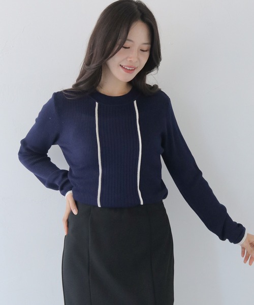 HER CLOSET（ハークローゼット）の「【HER CLOSET】バイカラーハイゲージリブニットプルオーバー BI-COLOR HIGH GAUGE KNIT RIB KNIT PULLOVER（ニット/セーター・レディース・ネイビー/ブラック/ライトブルー/オフホワイト・M）」の6枚目の写真