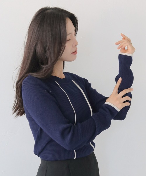 HER CLOSET（ハークローゼット）の「【HER CLOSET】バイカラーハイゲージリブニットプルオーバー BI-COLOR HIGH GAUGE KNIT RIB KNIT PULLOVER（ニット/セーター・レディース・ネイビー/ブラック/ライトブルー/オフホワイト・M）」の7枚目の写真