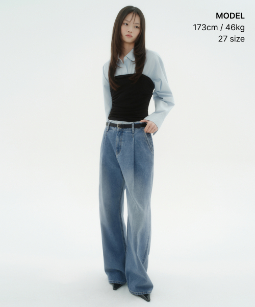 MUSINSA STANDARD WOMAN（ムシンサスタンダードウーマン）の「ウィメンズディープタックエクストラワイドデニムパンツ[ライトインディゴ]（デニムパンツ・レディース・その他・30/24/25/26/27/28/29）」の6枚目の写真