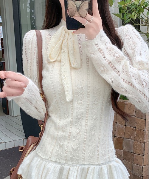 gossip！ロサンゼルス（ゴシップロサンゼルス）の「Y2Kリボン付きレースインナー 長袖（Tシャツ/カットソー・レディース・ホワイト/ベージュ・M）」の7枚目の写真
