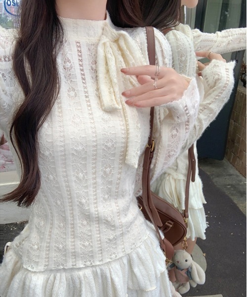 gossip！ロサンゼルス（ゴシップロサンゼルス）の「Y2Kリボン付きレースインナー 長袖（Tシャツ/カットソー・レディース・ホワイト/ベージュ・M）」の14枚目の写真