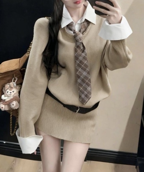 ViViDAY（ビビデー）の「【3点セット】キルティング柄ネクタイ＋レイヤード風シャツニットワンピース＋レザーベルト（ワンピース・レディース・グレー/アイボリー/ブラック/ベージュ・M）」の4枚目の写真