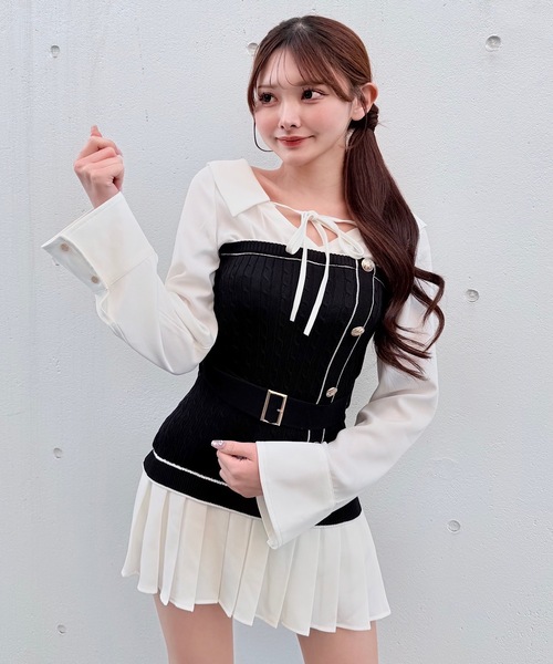 セール】シャツドッキングプリーツワンピース（シャツワンピース