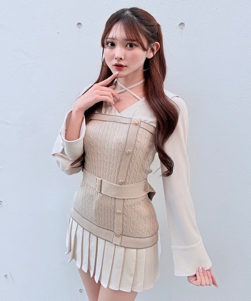 NOMAE ノーマエ シャツドッキングプリーツワンピース ベージュ セール】シャツドッキングプリーツワンピース（シャツワンピース