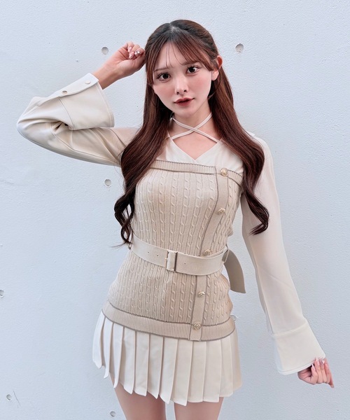セール】シャツドッキングプリーツワンピース（シャツワンピース