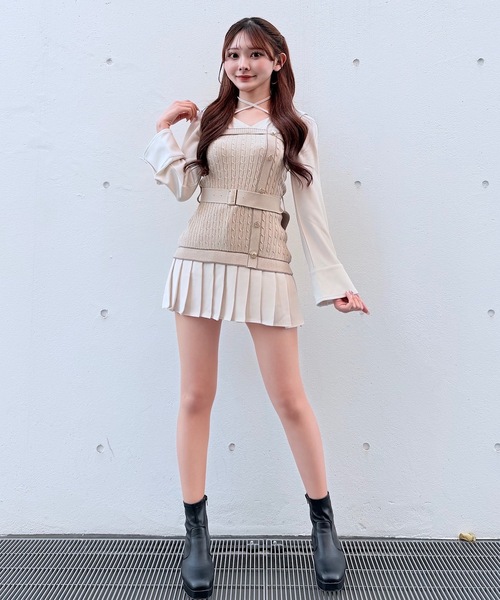 NOMAE ノーマエ シャツドッキングプリーツワンピース ベージュ シャツドッキングプリーツワンピース（シャツワンピース）｜NOMAE トップス