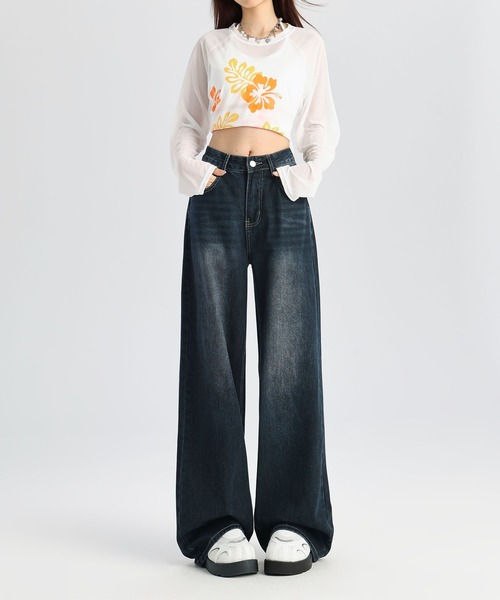 aimoha(アイモハ)の「ウォッシュデニムワイドパンツ(デニムパンツ・レディース・インディゴブルー・L/S/M)」の6枚目の写真