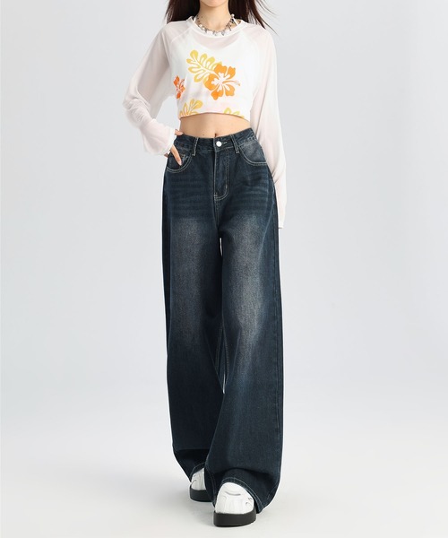 aimoha(アイモハ)の「ウォッシュデニムワイドパンツ(デニムパンツ・レディース・インディゴブルー・L/S/M)」の7枚目の写真