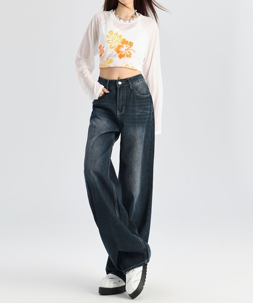 aimoha(アイモハ)の「ウォッシュデニムワイドパンツ(デニムパンツ・レディース・インディゴブルー・L/S/M)」の8枚目の写真