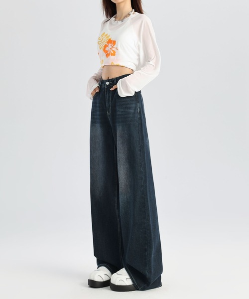 aimoha(アイモハ)の「ウォッシュデニムワイドパンツ(デニムパンツ・レディース・インディゴブルー・L/S/M)」の9枚目の写真