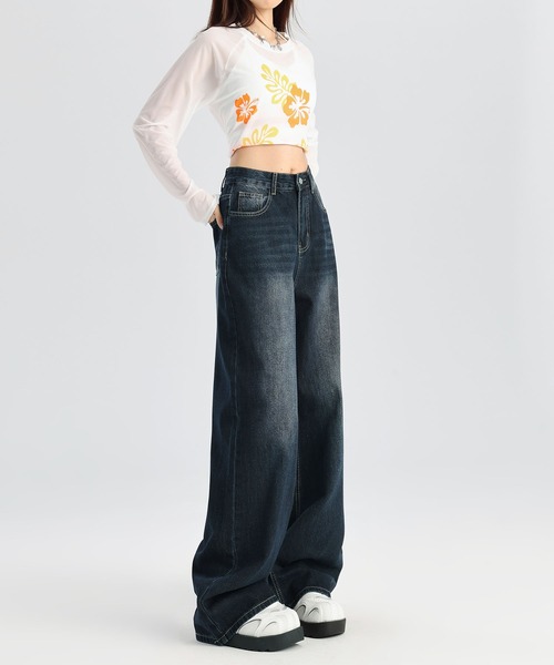 aimoha(アイモハ)の「ウォッシュデニムワイドパンツ(デニムパンツ・レディース・インディゴブルー・L/S/M)」の4枚目の写真