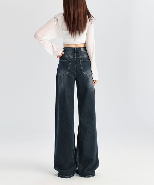 aimoha(アイモハ)の「ウォッシュデニムワイドパンツ(デニムパンツ・レディース・インディゴブルー・L/S/M)」の5枚目の写真