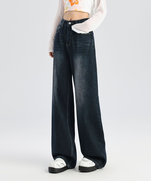 aimoha(アイモハ)の「ウォッシュデニムワイドパンツ(デニムパンツ・レディース・インディゴブルー・L/S/M)」の11枚目の写真
