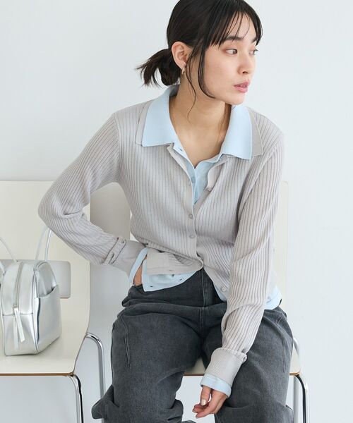 CRAFT STANDARD BOUTIQUE(クラフトスタンダードブティック)の「レイヤードポロ衿カーディガン(カーディガン/ボレロ・レディース・ライトグレー/アイボリー・FREE)」の3枚目の写真