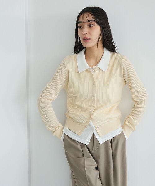 CRAFT STANDARD BOUTIQUE(クラフトスタンダードブティック)の「レイヤードポロ衿カーディガン(カーディガン/ボレロ・レディース・ライトグレー/アイボリー・FREE)」の4枚目の写真