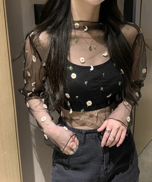 IRADOWL(アイラドール)の「デイジー柄刺繍シアートップス(Tシャツ/カットソー・レディース・ライトグレー/ピンク/ブラック/ホワイト/アイボリー・FREE)」の14枚目の写真