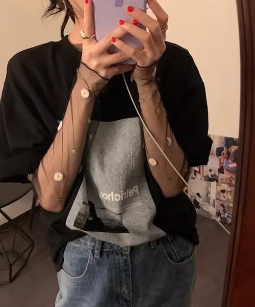 IRADOWL(アイラドール)の「デイジー柄刺繍シアートップス(Tシャツ/カットソー・レディース・ライトグレー/ピンク/ブラック/ホワイト/アイボリー・FREE)」の16枚目の写真