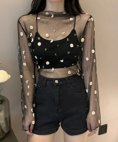 IRADOWL(アイラドール)の「デイジー柄刺繍シアートップス(Tシャツ/カットソー・レディース・ライトグレー/ピンク/ブラック/ホワイト/アイボリー・FREE)」の6枚目の写真