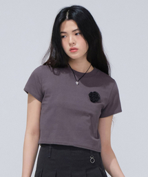 ウィメンズクロップオーバーサイズコサージュTシャツチャコール