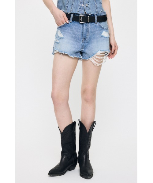 MOUSSY(マウジー)の「MIDRISE RIPPED ショーツ(デニムパンツ・レディース・ワンウォッシュ/ライトブルー・0/1/2)」の13枚目の写真