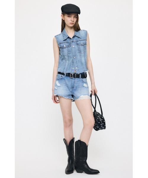 MOUSSY(マウジー)の「MIDRISE RIPPED ショーツ(デニムパンツ・レディース・ワンウォッシュ/ライトブルー・0/1/2)」の14枚目の写真
