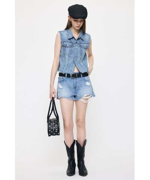 MOUSSY(マウジー)の「MIDRISE RIPPED ショーツ(デニムパンツ・レディース・ワンウォッシュ/ライトブルー・0/1/2)」の15枚目の写真
