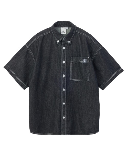X-girl(エックスガール)の「FACE LABEL BUTTON DOWN DENIM S/S SHIRT(シャツ/ブラウス・レディース・インディゴブルー/ブラック・S/M)」の2枚目の写真