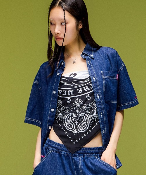 X-girl(エックスガール)の「FACE LABEL BUTTON DOWN DENIM S/S SHIRT(シャツ/ブラウス・レディース・インディゴブルー/ブラック・S/M)」の15枚目の写真