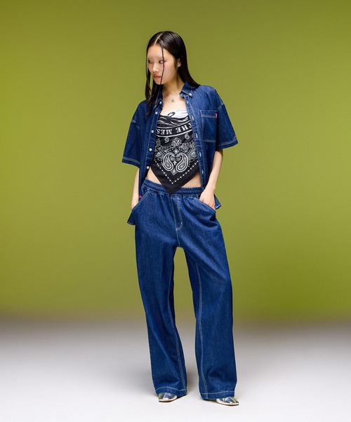 X-girl(エックスガール)の「FACE LABEL BUTTON DOWN DENIM S/S SHIRT(シャツ/ブラウス・レディース・インディゴブルー/ブラック・S/M)」の18枚目の写真