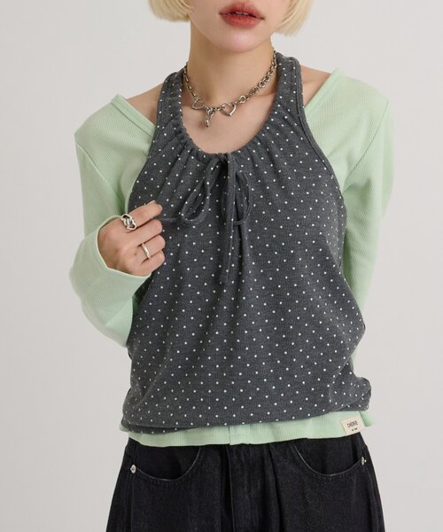w closet(ダブルクローゼット)の「【6色展開/2SETアイテム】【2WAY】ホルターキャミカーディガンセット(Tシャツ/カットソー・レディース・ピンク/グリーン/ネイビー/グレー/ブルー/ブラック・FREE)」の13枚目の写真