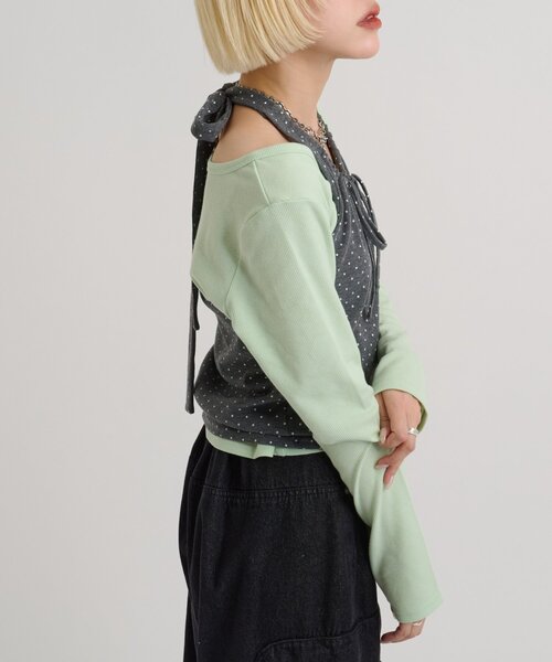 w closet(ダブルクローゼット)の「【6色展開/2SETアイテム】【2WAY】ホルターキャミカーディガンセット(Tシャツ/カットソー・レディース・ピンク/グリーン/ネイビー/グレー/ブルー/ブラック・FREE)」の18枚目の写真