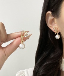 【LEJA】ニュアンスリボンパヴェビジュースウィングパールピアス結婚式 パーティー 成人式 二次会 同窓会 お呼ばれ オケージョン 20代 30代