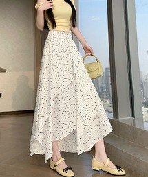 ドット柄アシンメトリーフレアロングスカート