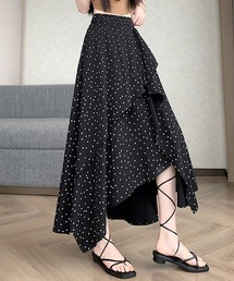 ドット柄アシンメトリーフレアロングスカート