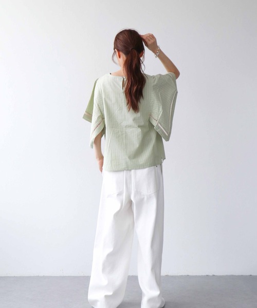 Jines(ジネス)の「コットンストライプハンカチスリーブブラウス(シャツ/ブラウス・レディース・ブルー/グリーン・38)」の7枚目の写真
