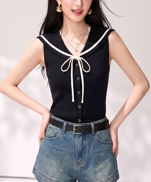 LUCPY（ラクピー）の「セーラーカラーリボンニットトップス（その他トップス・レディース・ホワイト/ブラック・X-LARGE/LARGE/MEDIUM/SMALL）」の2枚目の写真