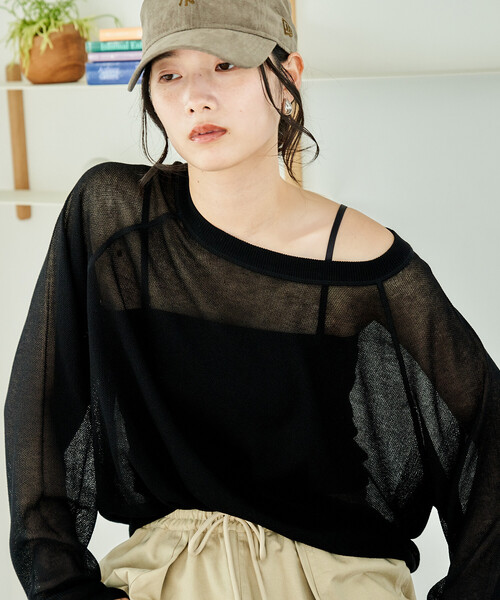 FREAK'S STORE（フリークスストア）の「【セットアイテム】カップ付キャミ ＆ シアー サマーニットセット（Tシャツ/カットソー・レディース・ピンク/オフホワイト/ブラック・ﾌﾘ-）」の2枚目の写真
