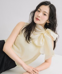 【透け感×リボンで魅せる、レディな一枚】シアーハイネックボウタイノースリーブブラウス