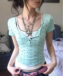 2点セット ドット柄Tシャツ＆配色キャミソール