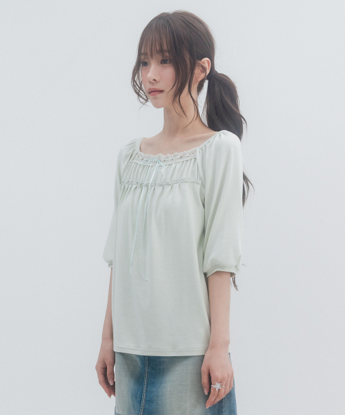 HIGH SCHOOL DISCO(ハイスクールディスコ)の「7部レースシャーリングスリーブ_ミント(Tシャツ/カットソー・レディース・その他・FREE)」の5枚目の写真