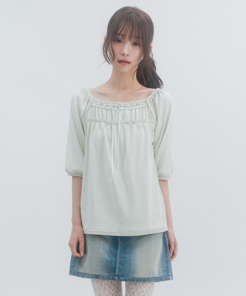 HIGH SCHOOL DISCO(ハイスクールディスコ)の「7部レースシャーリングスリーブ_ミント(Tシャツ/カットソー・レディース・その他・FREE)」の7枚目の写真