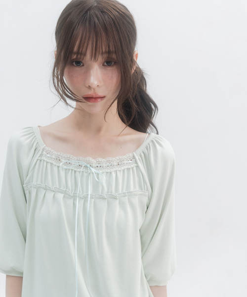 HIGH SCHOOL DISCO(ハイスクールディスコ)の「7部レースシャーリングスリーブ_ミント(Tシャツ/カットソー・レディース・その他・FREE)」の9枚目の写真