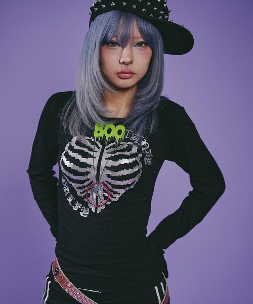 GALFY(ガルフィー)の「Candy Galfy-骨×LOVEロンTee(Tシャツ/カットソー・レディース・ブラック/その他1/ホワイト・FREE)」の1枚目の写真