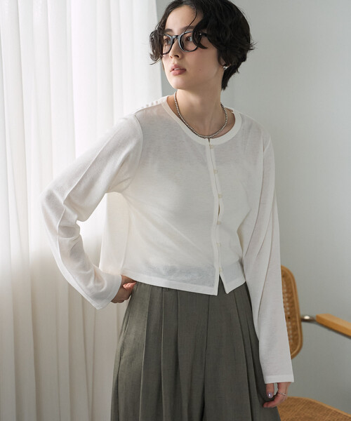 FREAK'S STORE（フリークスストア）の「シアーワッフル ショートカーディガン/シアーカーディガン（カーディガン/ボレロ・レディース・ブラウン/ピンク/オフホワイト/ブラック・ﾌﾘ-）」の12枚目の写真