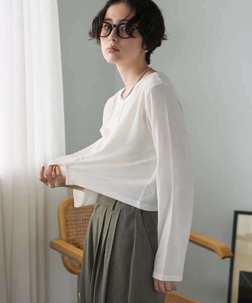 FREAK'S STORE（フリークスストア）の「シアーワッフル ショートカーディガン/シアーカーディガン（カーディガン/ボレロ・レディース・ブラウン/ピンク/オフホワイト/ブラック・ﾌﾘ-）」の14枚目の写真