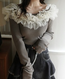 WILLFULLY（ウィルフリー）の「tulle frill neckline rib knit（ニット/セーター）」