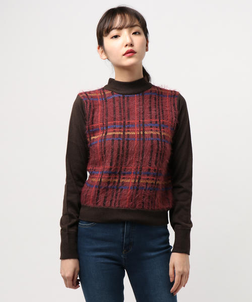 SLY(スライ)の「MODEL CHECK MG TOPS(ニット/セーター)」|ブラウン
