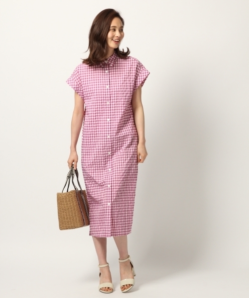 ルルウィルビー　ロングワンピース　シャツワンピース　チェック　ピンク　ベルト LOULOU WILLOUGHBY】リップルタックワンピース （ロング・マキシ