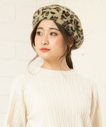 KOBE LETTUCE | ふわふわアンゴラ風タッチレオパード柄ニットベレー帽＊レディース/帽子/ヒョウ柄/豹柄[J670]神戸レタス(ハンチング/ベレー帽)